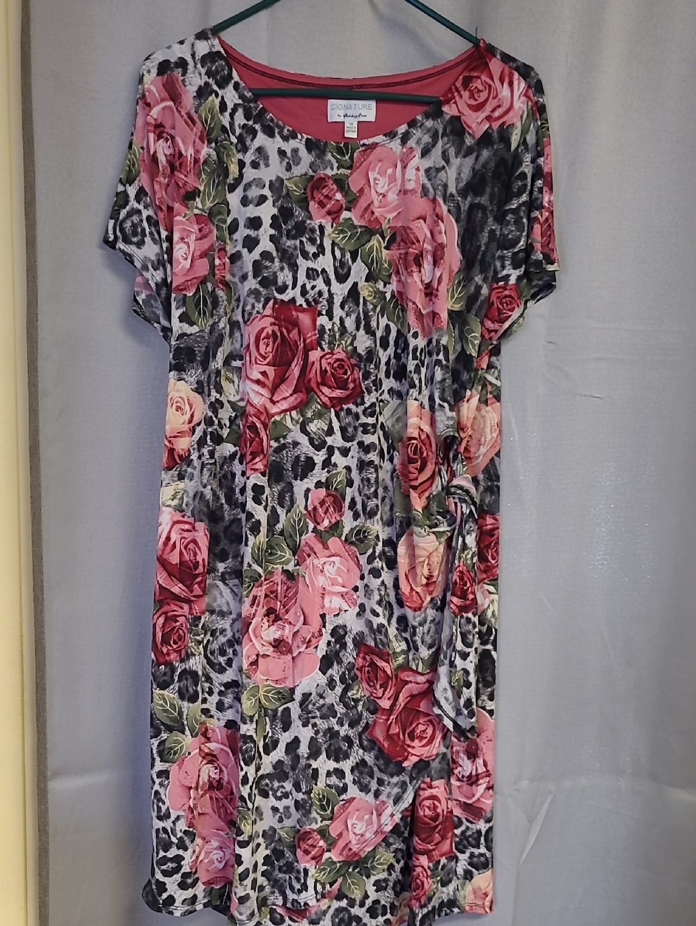 Robbie Bee Pink Rose & Leopard Print Midi Dress - Scoop Neck